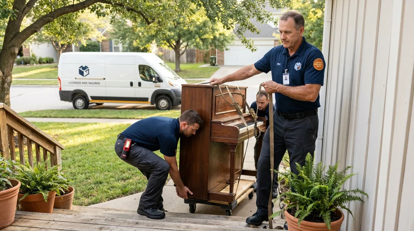 Licensed piano movers securing grand piano in Colon, MI