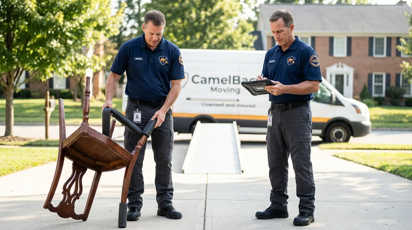 Movers inspecting furniture for damage prevention before loading in Colon, MI
