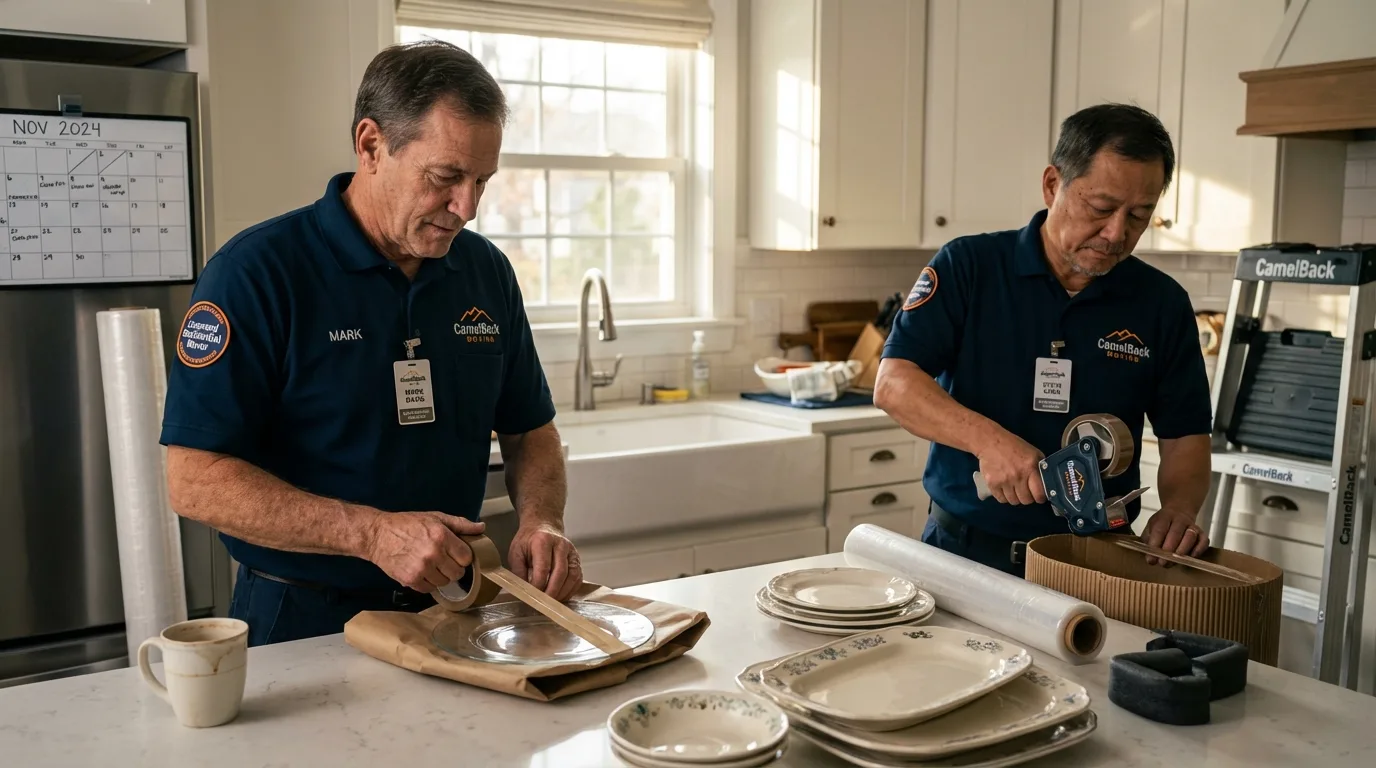 Professional crew packing kitchen dishware in Colon, MI